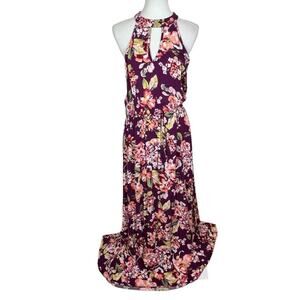 Xhilaration Maroon Floral Halter Maxi Dress with Crossover Back, Pockets Size L